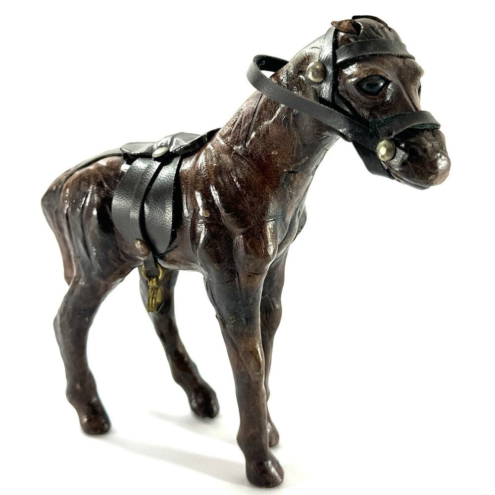 Vintage Leather Wrapped Horse Figurine Western Saddle Tack 7.5” Folk Art Decor - Picture 3 of 9